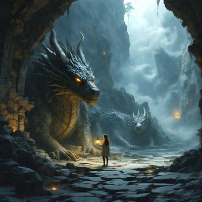 The primary subject of the image is a woman standing in front of a dragon. The setting is a cave, with the woman holding a lantern. The visual style is digital art, and the colors and mood are dark and mysterious.